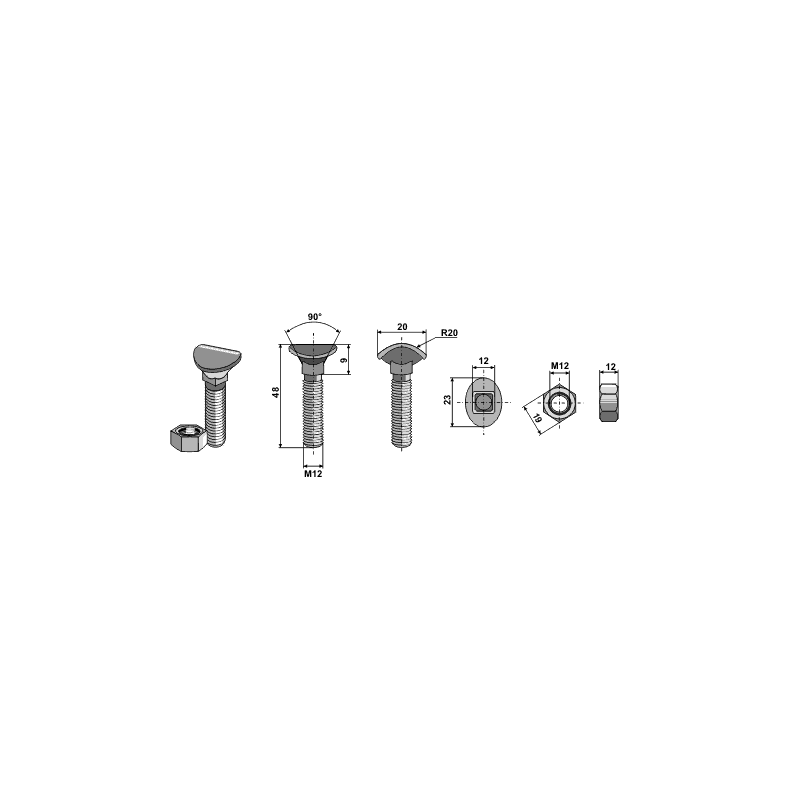 Radrenserbolt M 12x48 mm